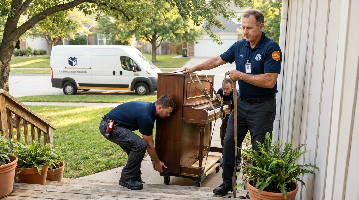 Licensed piano movers securing grand piano in Poughkeepsie, NY